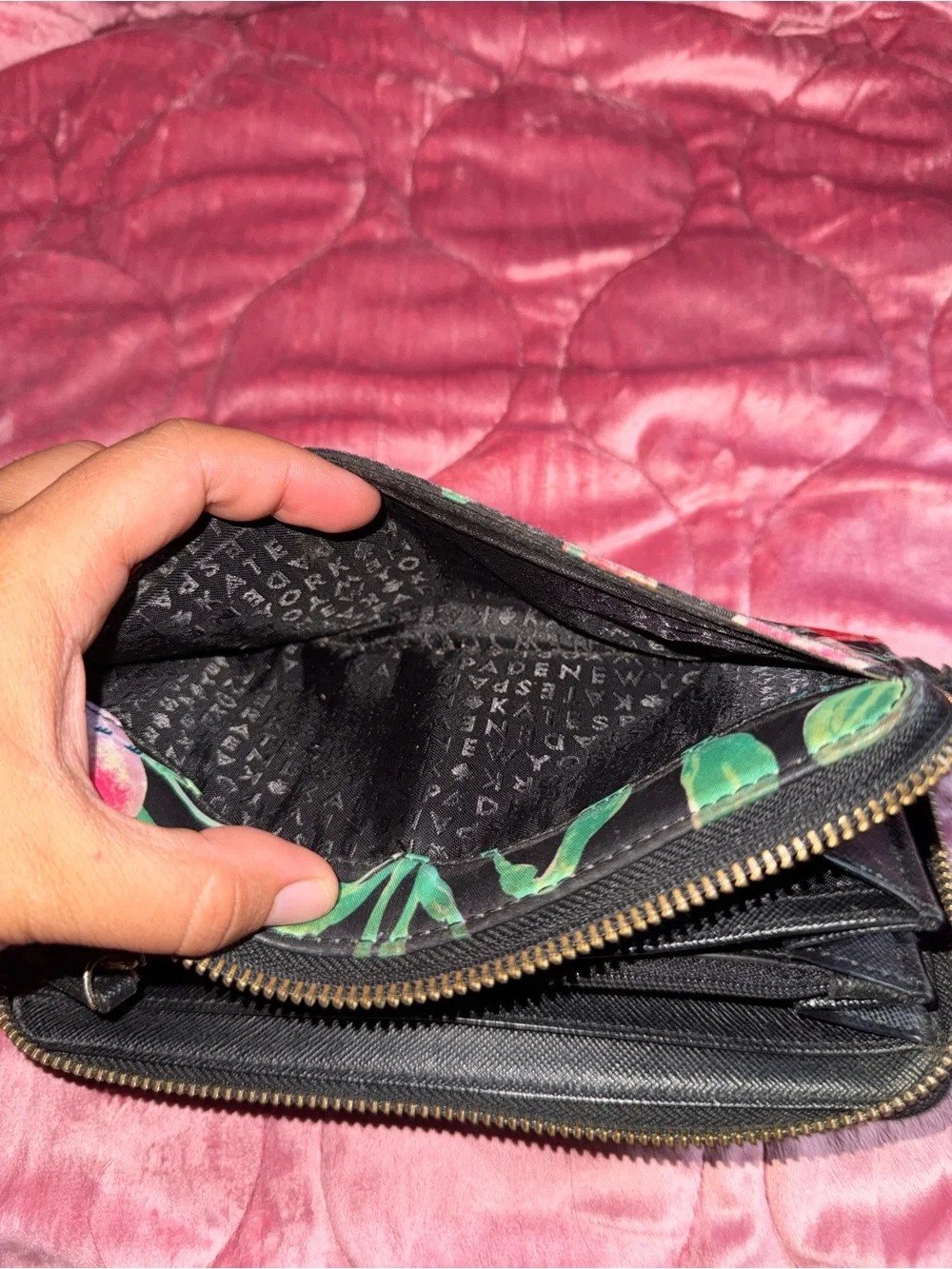 kate spade Black Floral Hummingbird Zip Wallet with Green and Pink Accents